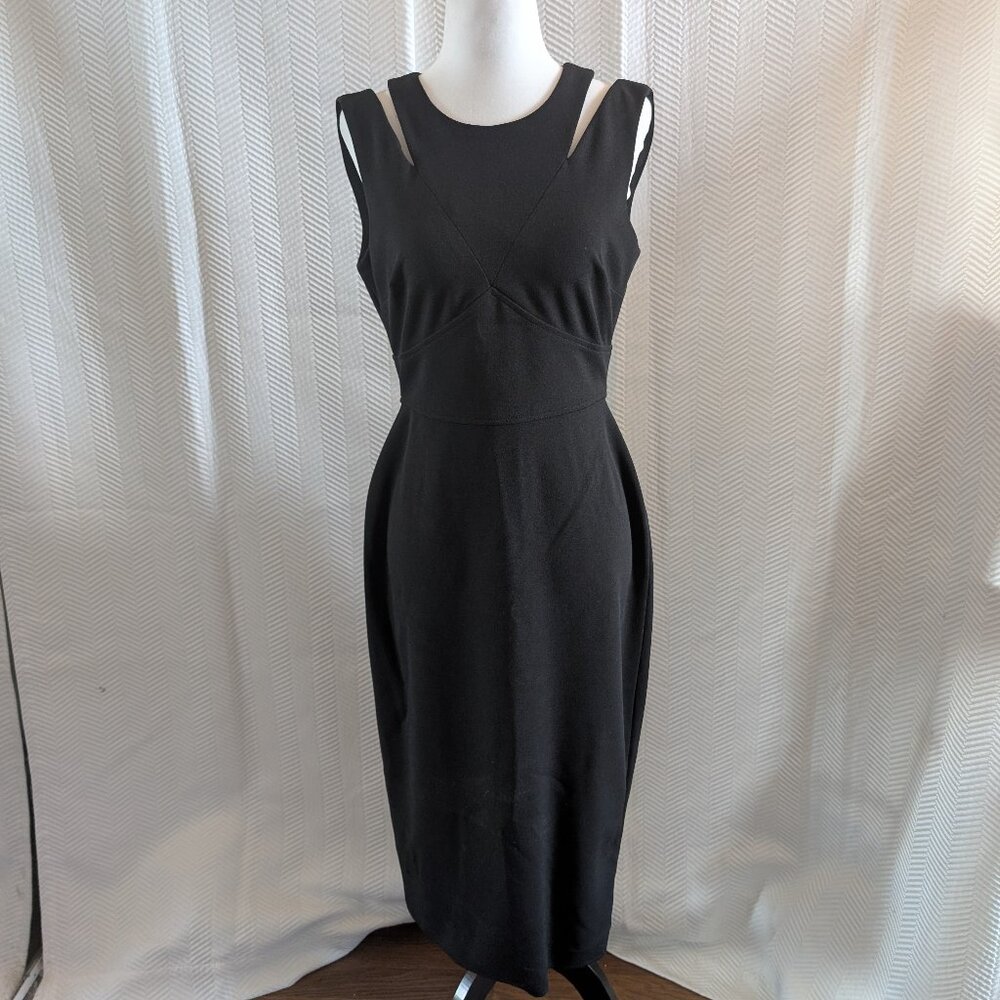 Calvin Klein Black Midi Dress Cutout Stretch Gold Zipper LBD Classic Size 6
